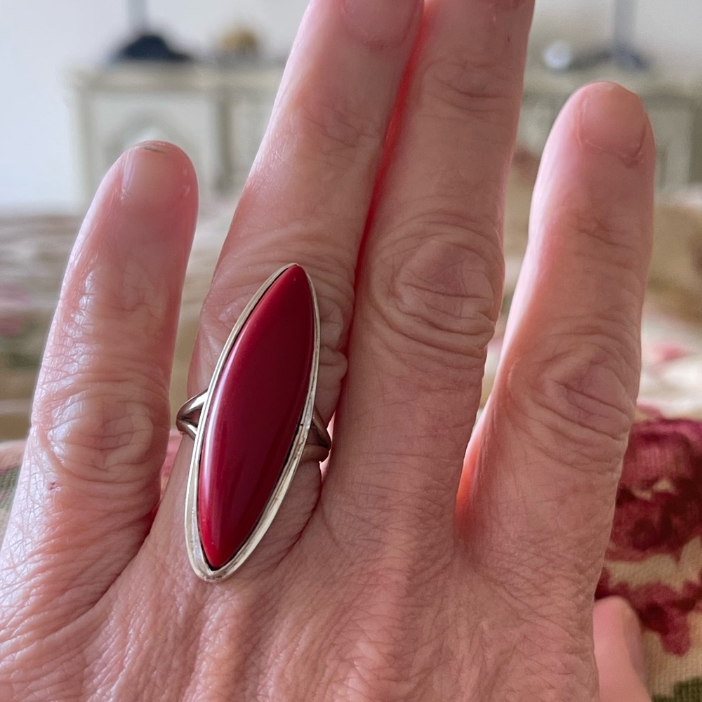 Sterling Silver Long Red Coral Ring NEW